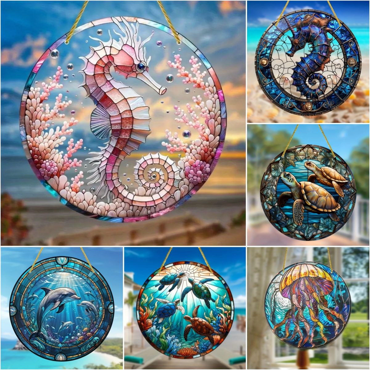 Sewing Custom - Underwater World SunCatcher Sign,Sea Turtle Seahorse